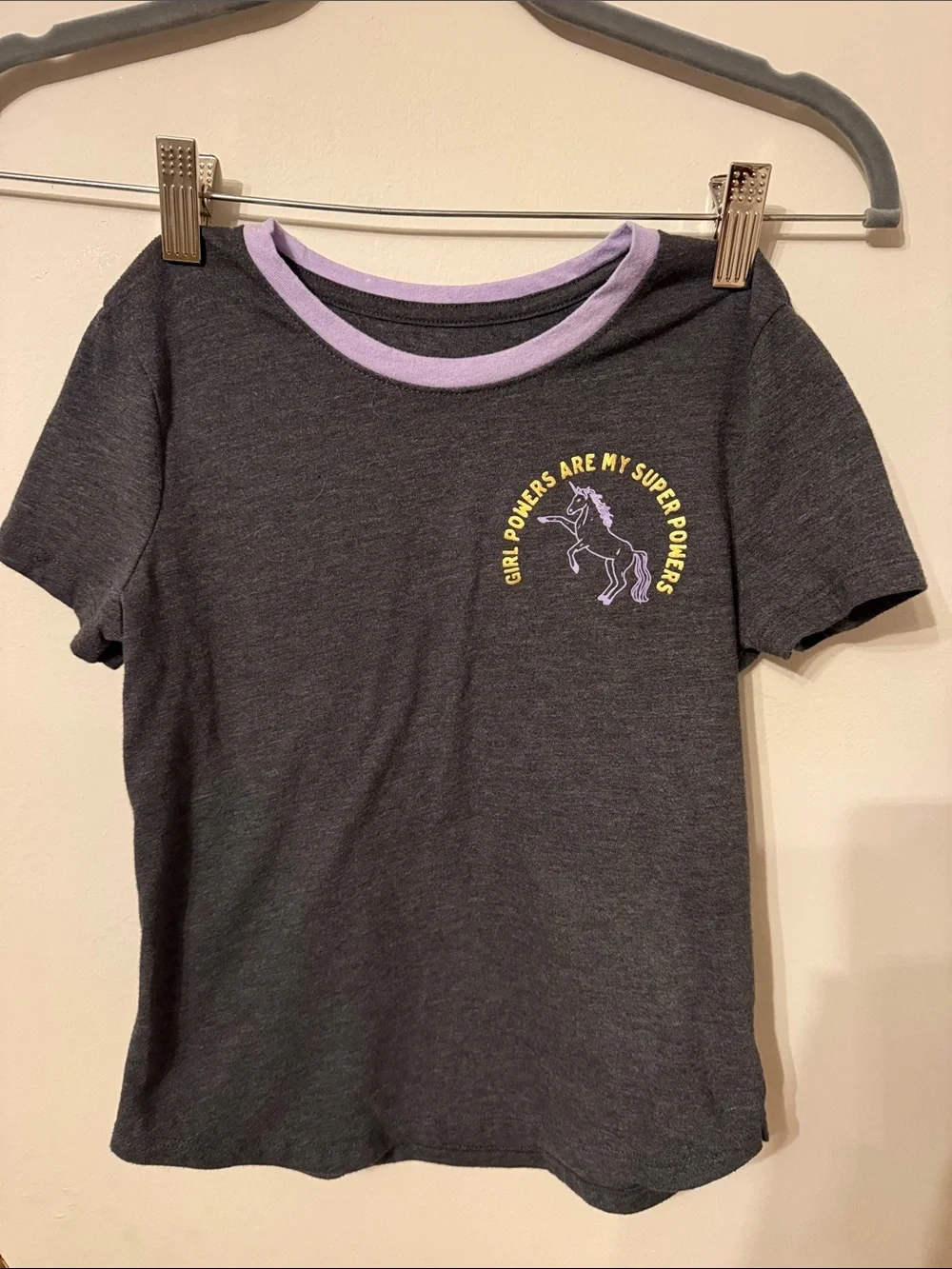 Old Navy Charcoal Tee with Lavender Trim and Yellow Graphic